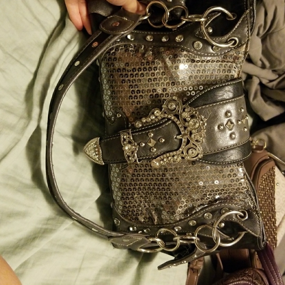 Belt buckle grey sequined purse